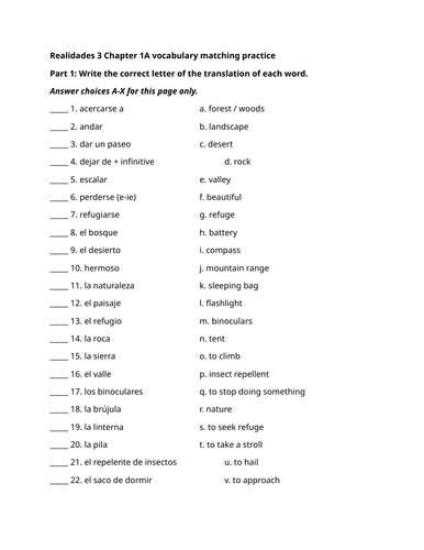 Realidades 3 Chapter 1A vocabulary matching practice