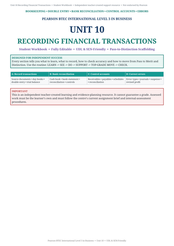 BTEC International Level 3  Business Unit 10: Recording Financial Transactions | Workbook