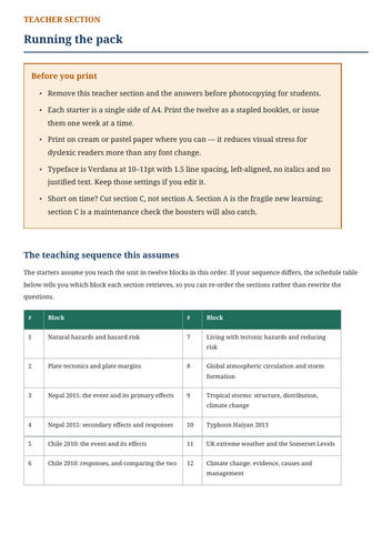 AQA GCSE Natural Hazards Retrieval Starters
