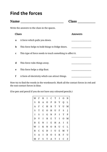 Simple Contact / Non-Contact force questions & word search