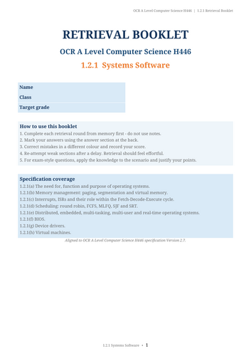 OCR A Level Computer Science H446 – Retrieval Practice Booklets | Component 01