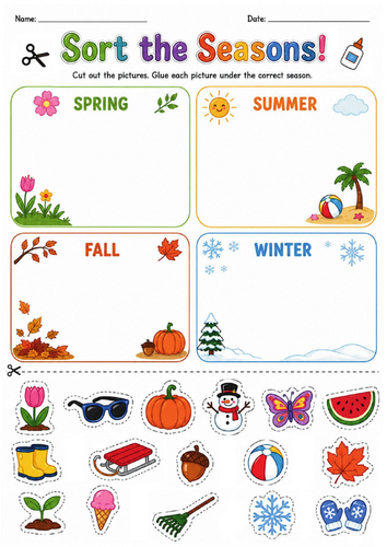 Four Seasons Sorting Worksheet – Cut and Paste Activity