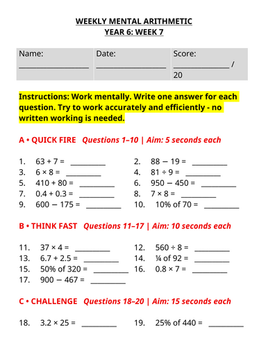 Year 6 Weekly Mental Maths - Mental Arithmetic Worksheet | Week 7