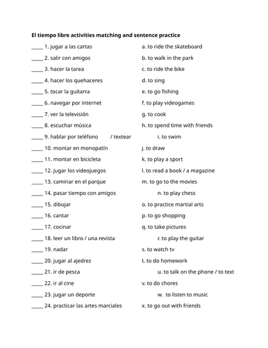 El tiempo libre activities matching and sentence practice