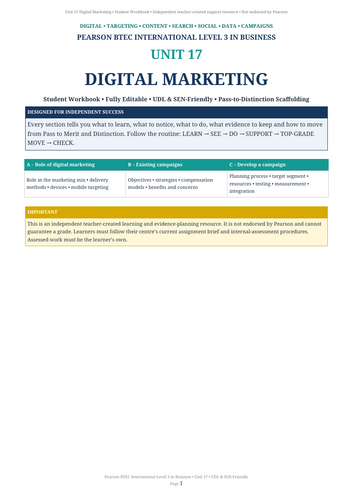 BTEC International Level 3 Business Unit 17: Digital Marketing | 40-Page Editable Student Workbook