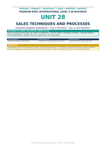 BTEC International Level 3 Business Unit 28: Sales Techniques and Processes | 46-P Editable Workbook