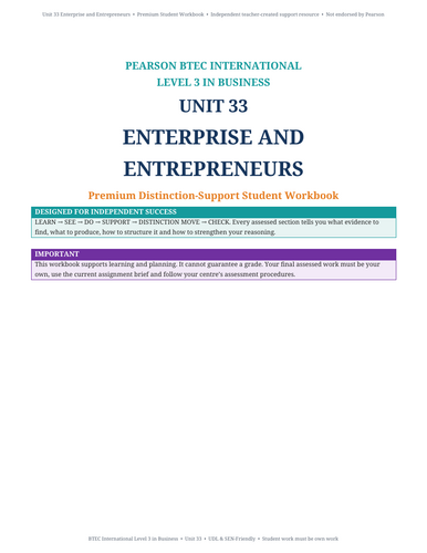 BTEC Level 3 Business Unit 33 Unit 33: Unit 33: Enterprise and Entrepreneurs | Student Workbook