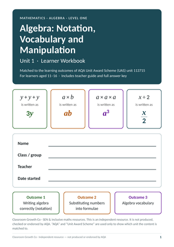 Algebra Workbook: Notation, Substitution & Vocabulary – AQA UAS 113715