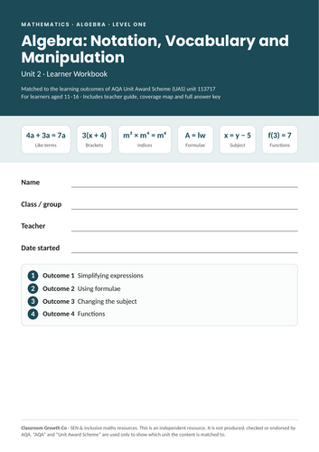 Algebra Workbook: Simplifying, Formulae, Changing the Subject & Functions – AQA UAS 11371