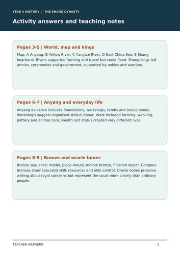 Shang Dynasty Year 4 History Workbook | Oracle Bones, Bronze, Fu Hao and Ancient China