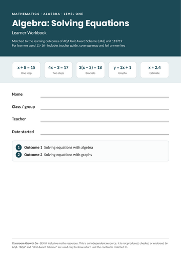 Solving Equations Workbook: Linear Equations & Graphical Solutions – AQA UAS 113719