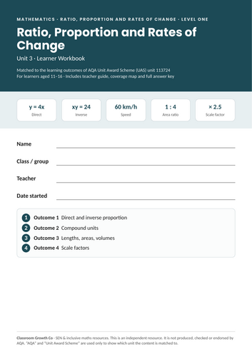 Proportion Workbook: Direct & Inverse Proportion, Speed, Best Buys, Scale Factors – AQA UAS 113724