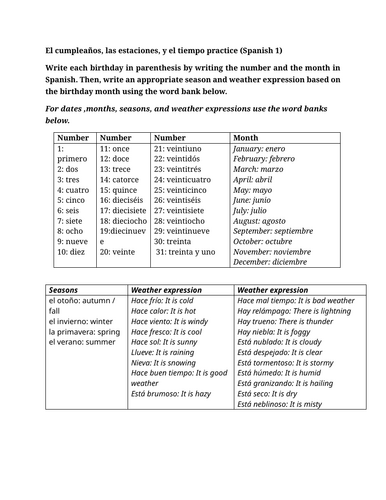 El cumpleaños, las estaciones, y el tiempo practice (Spanish 1)