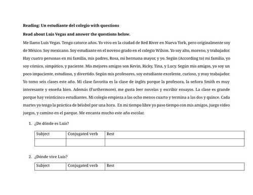 Reading: Un estudiante del colegio with questions
