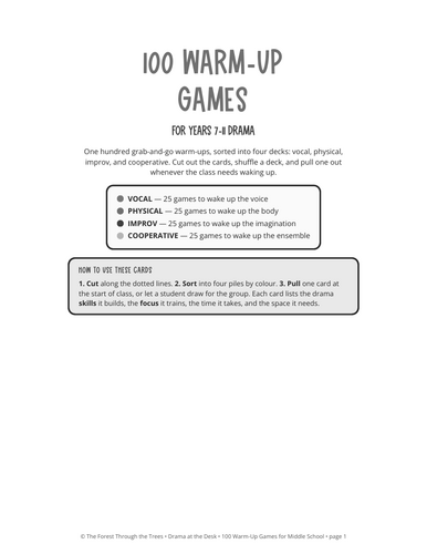 100 Drama Warm-Up Games | Vocal, Physical, Improv and Team Building Cards with Prompt Pack | KS3/KS4
