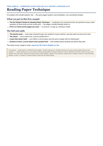 IGCSE ESL 0510 | Reading Paper Technique | Student Packet | FREE SAMPLE