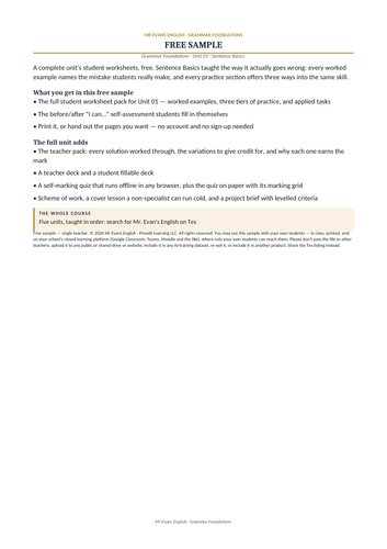 Grammar Foundations | Sentence Basics | Student Worksheet Pack | FREE SAMPLE