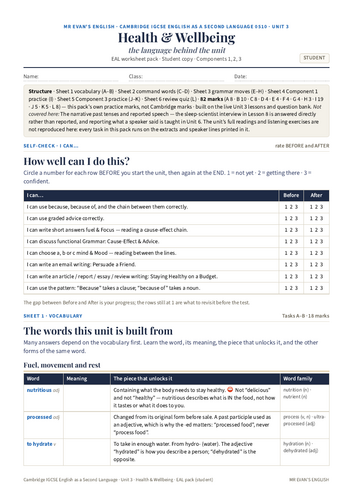 IGCSE ESL 0510 U3 Health & Wellbeing — EAL Theme Unit
