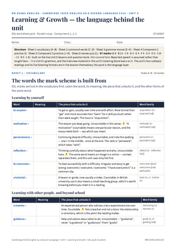 IGCSE ESL 0510 U9 Learning & Growth — EAL Theme Unit