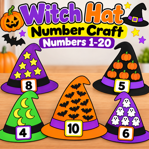 Witch Hat Number Craft, Numbers 1-20 Counting Activity, Math Craft, Preschool Kindergarten Printable