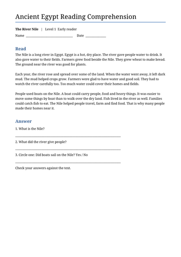 Ancient Egypt Comprehension Pack Ages 7 to 9