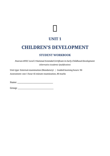 BTEC Level 3 Early Childhood Development – Unit 1 Complete Workbook | 48 Pages Editable