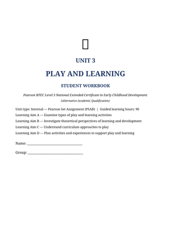 BTEC Level 3 Early Childhood Development – Unit 3 Play and Learning | 39-Page Editable Workbook