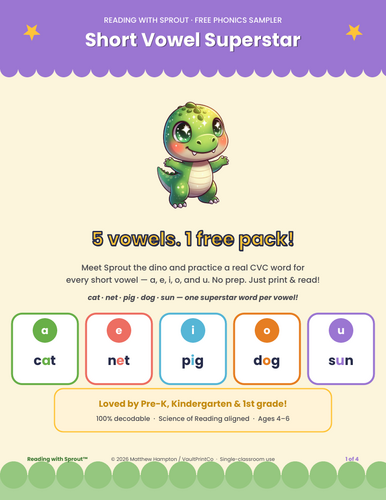 Free decoding practice worksheets — early elementary (VaultPrintCo / Sprout samples)