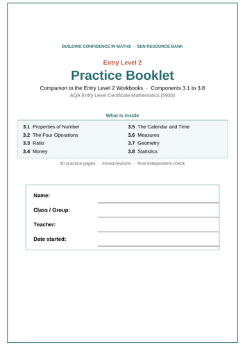 AQA Entry Level 2 Maths (5930): Practice Booklet + Answer Booklet | All 40 Outcomes | SEN