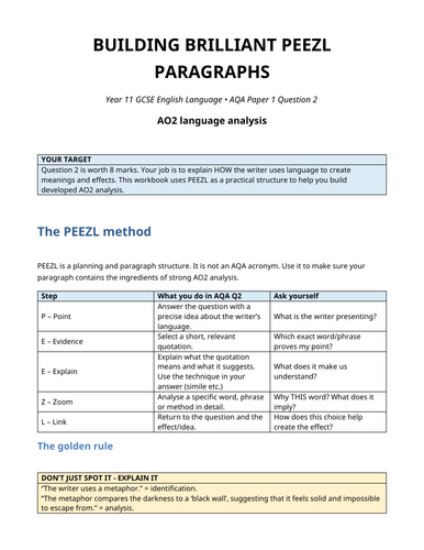 PEEZL Workbook for AQA GSCE English Language Paper 1 Question 2 (AO2)