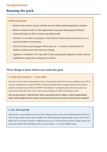 Resource Management Water: AQA GCSE Starters