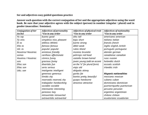 Ser and adjectives easy guided questions practice