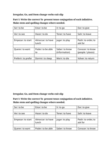 Irregular, Go, and Stem change verbs exit slip