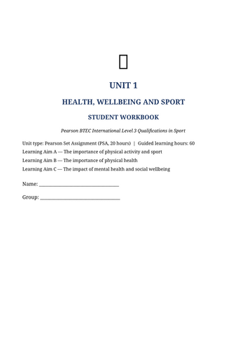 BTEC International Level 3 Sport Unit 1 | Health, Wellbeing & Sport | 43-Page Workbook