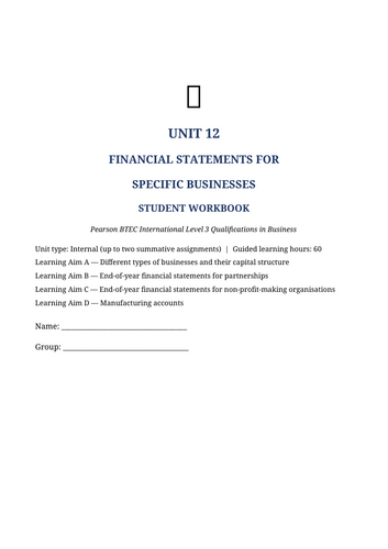 BTEC International Level 3 Business Unit 12 | Financial Statements for Specific Businesses |Workbook