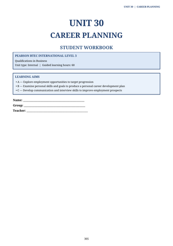 BTEC International Level 3 Business Unit 30 | Career Planning | Workbook & Employability Skills