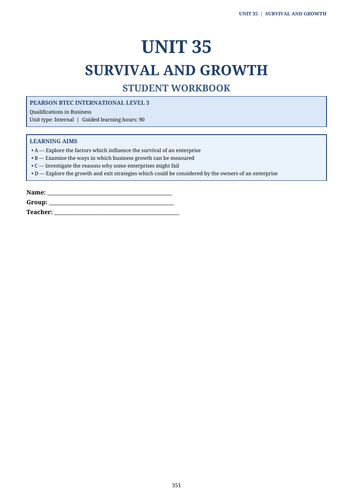 BTEC International Level 3 Enterprise Unit 35 | Survival & Growth | Workbook + Activities