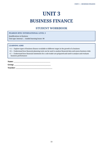 BTEC International Level 3 Business Unit 3 | Business Finance | 55-Page Workbook