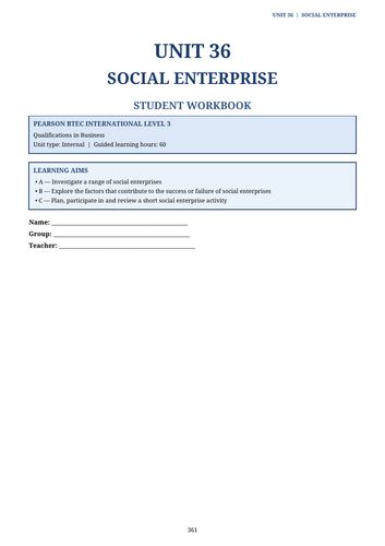 BTEC International Level 3 Enterprise Unit 36 | Social Enterprise | Workbook + Activities