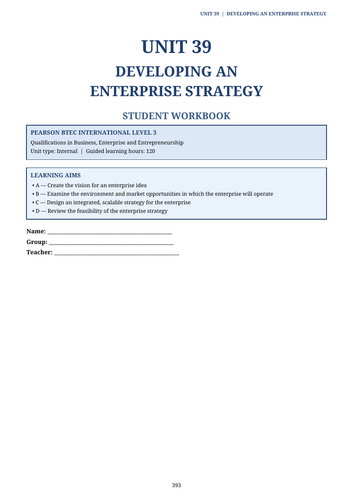BTEC International Level 3 Enterprise Unit 39 | Developing an Enterprise Strategy | Workbook