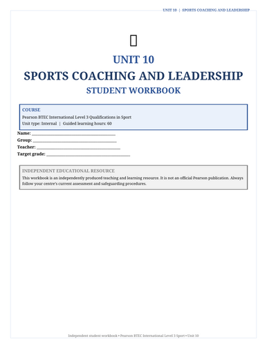 BTEC International Level 3 Sport Unit 10 | Sports Coaching & Leadership | 50-Page Workbook