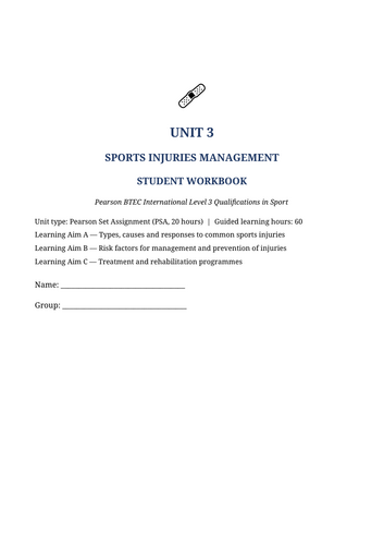 BTEC International Level 3 Sport Unit 3 | Sports Injuries Management | 37-Page Workbook