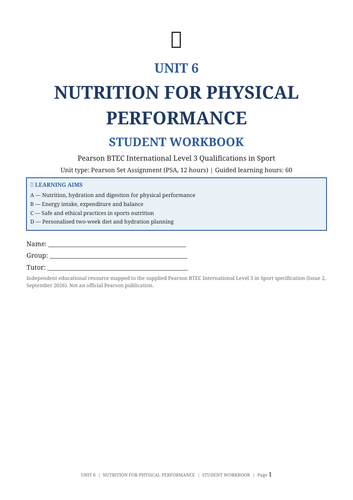 BTEC International Level 3 Sport Unit 6 | Nutrition for Physical Performance | 46-Page Workbook