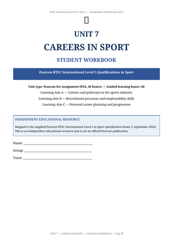 BTEC International Level 3 Sport Unit 7 | Careers in Sport | 55-Page Editable Workbook