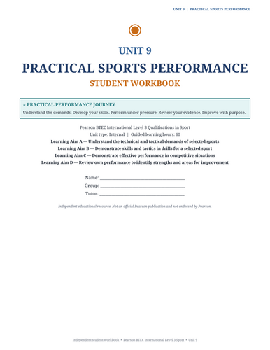 BTEC International Level 3 Sport Unit 9 | Practical Sports Performance | 49-Page Editable Workbook