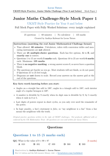 Junior Maths Challenge-Style Mock Paper 1 (UKMT-Style Practice) with Full Worked Solutions