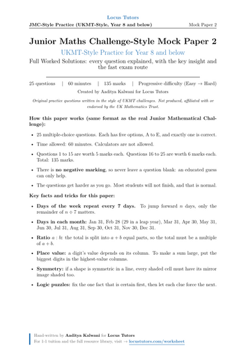 Junior Maths Challenge-Style Mock Paper 2 (UKMT-Style Practice) with Full Worked Solutions