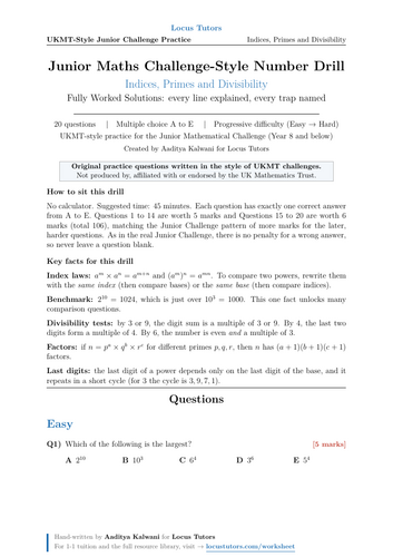 Junior Maths Challenge-Style Number Drill: Indices, Primes and Divisibility