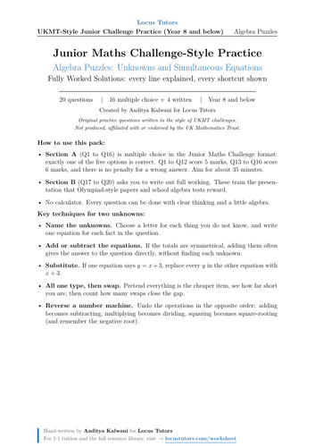Junior Maths Challenge-Style Algebra Puzzles: Unknowns and Simultaneous Equations
