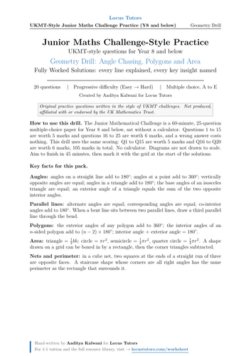 Junior Maths Challenge-Style Geometry Drill: Angle Chasing, Polygons and Area